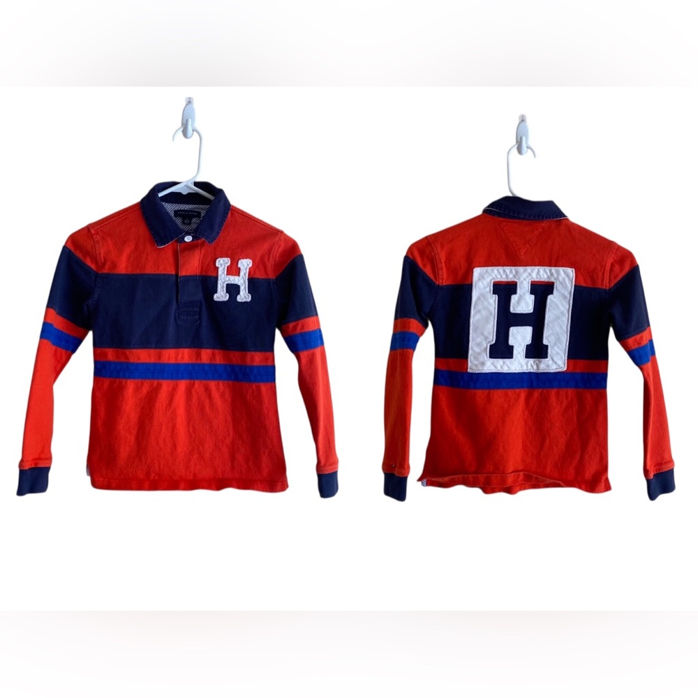 Tommy Hilfiger Long Sleeve Polo Shirt Boys Medium Red Blue Logo Preppy Retro